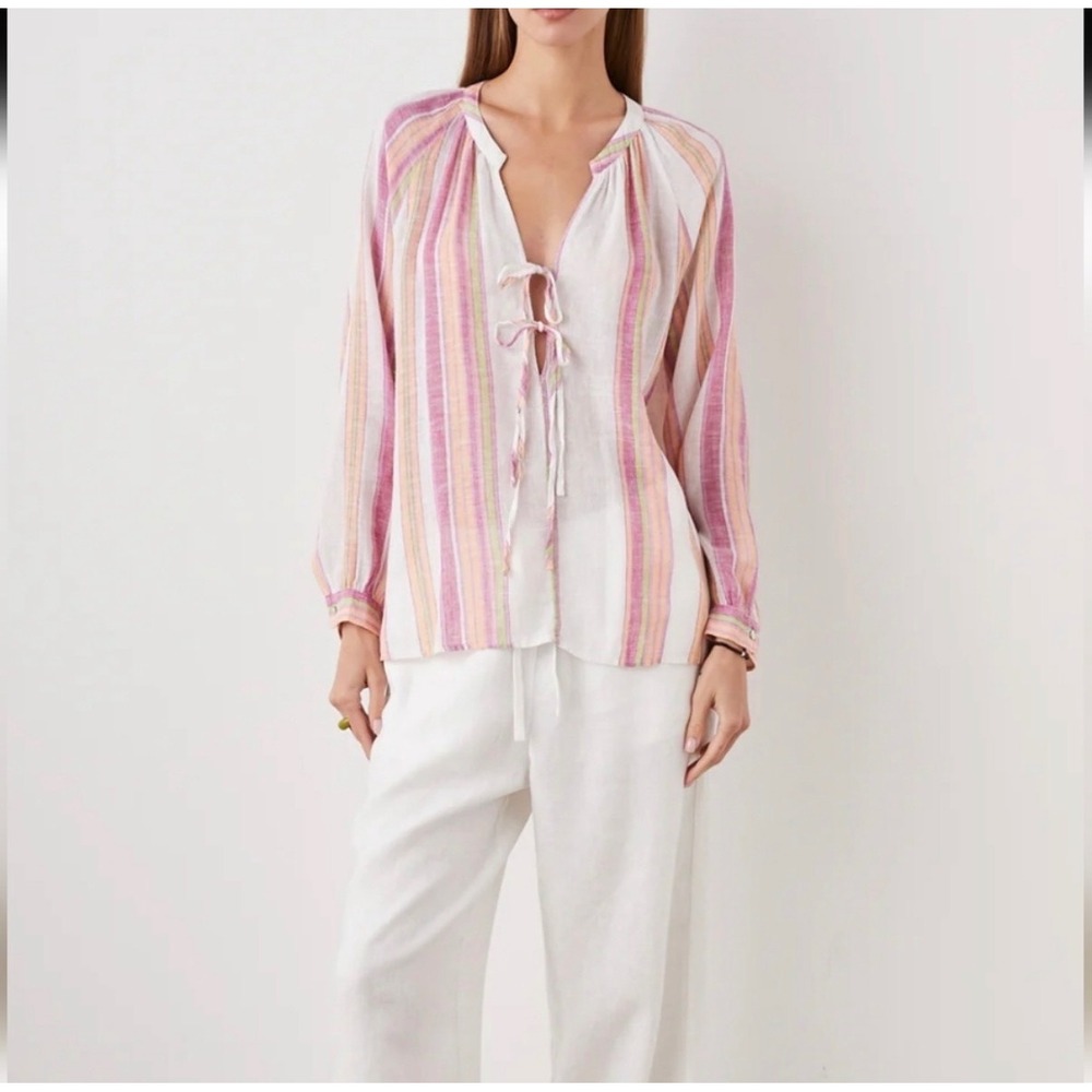 Rails Brielle Hibiscus Stripe Linen Blend Tie Front Blouse XS Pink Orange Green